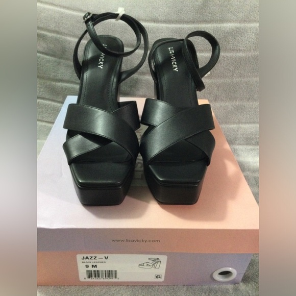 Lisa Vicky Jazz Black Leather Strappy Platform Block Heels Size 9 M - Picture 3 of 11